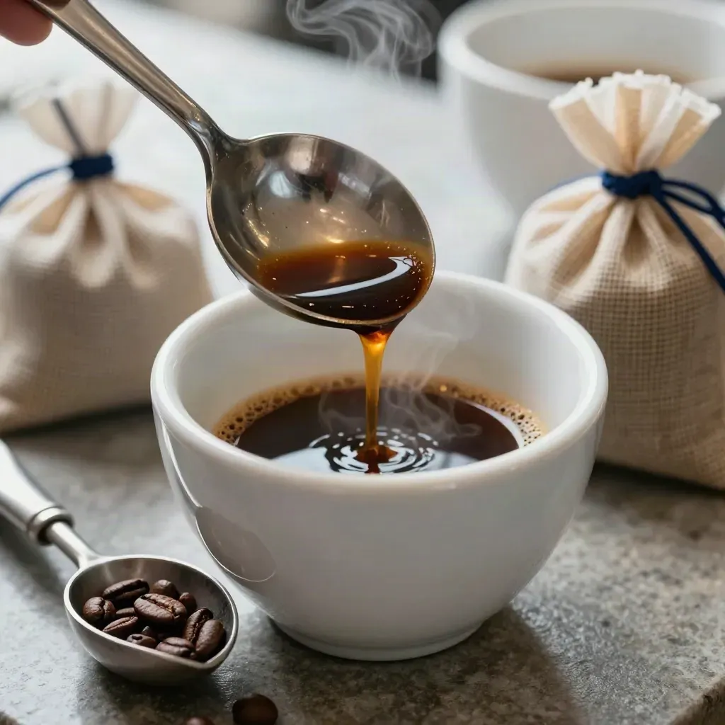 Macro coffee cupping tools on stone with steam and a navy tie