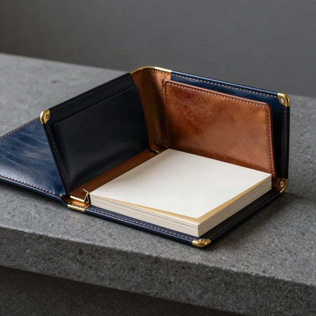 Open navy leather menu folio with brass corners, dividers, and insert cards on graphite stone.