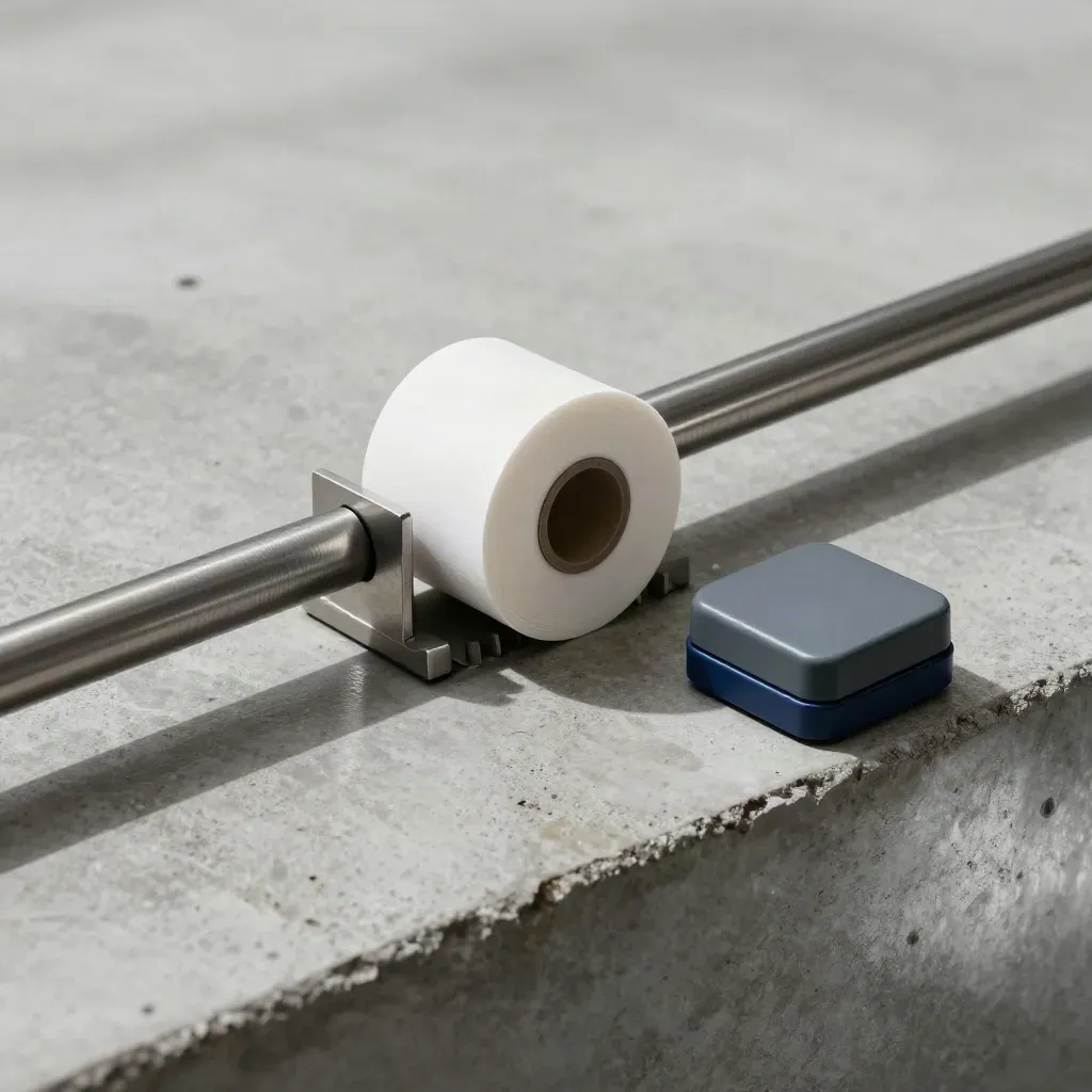 Steel ticket rail, thermal roll, and buzzer puck on a concrete service ledge