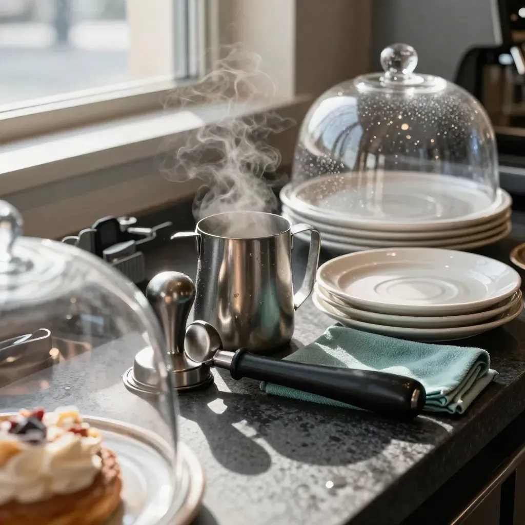 Café prep corner with espresso tools, milk pitcher, pastry dome and stacked saucers through glass.