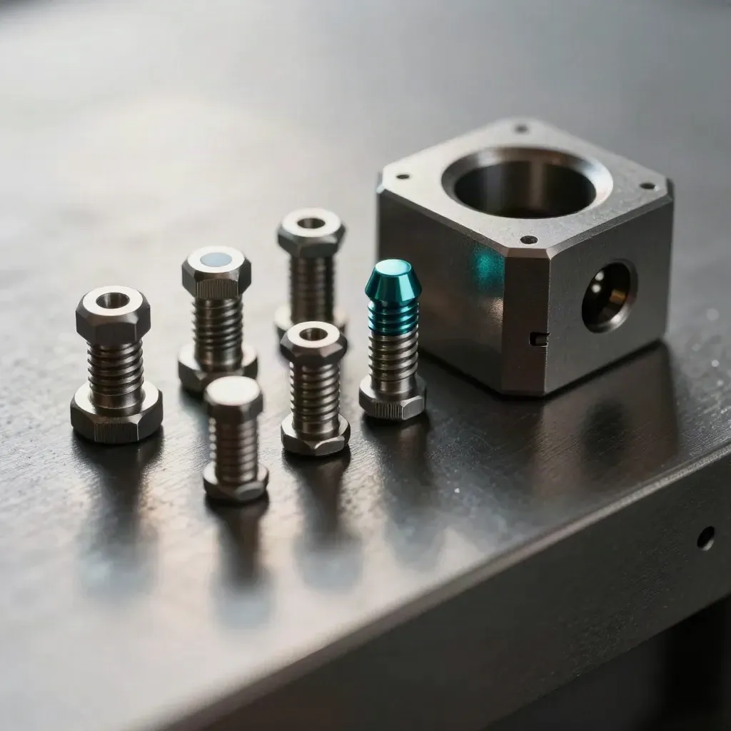 Machined connectors and clamp block on brushed metal with dramatic light
