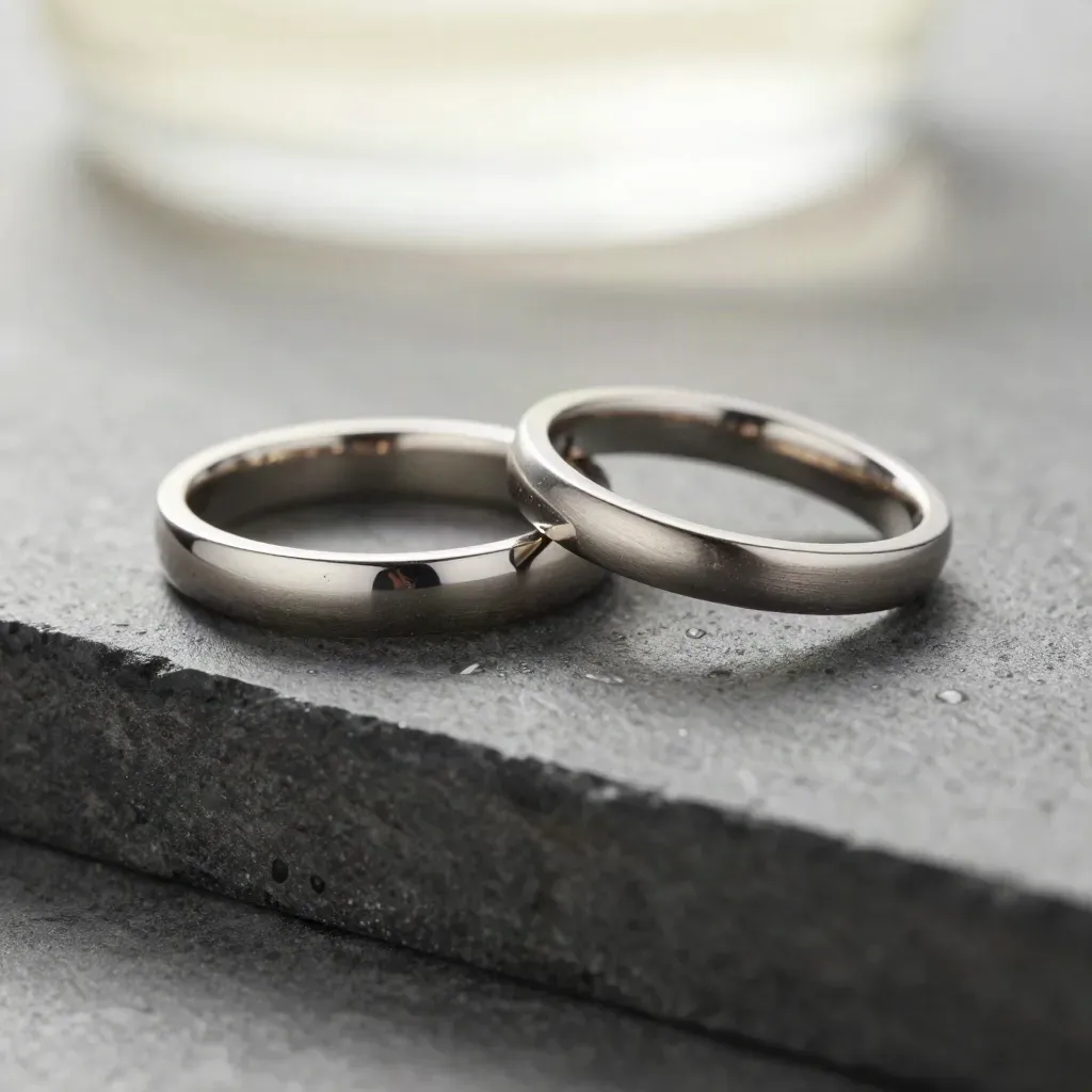 Polished metal rings and clasp on dark stone with mist and a blurred foreground arc.